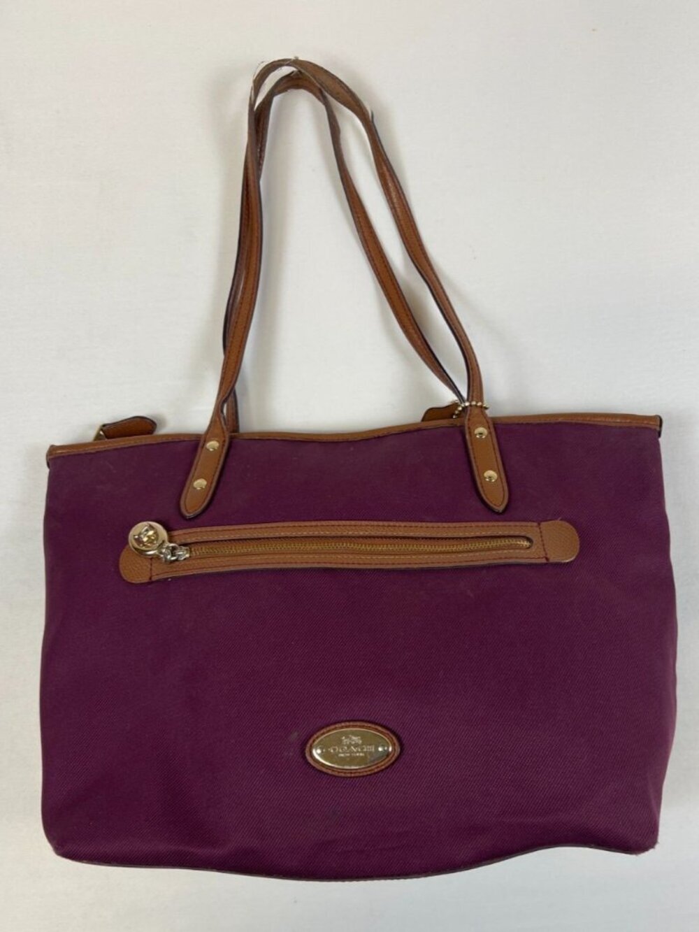 COACH Taylor Nylon Tote Bag F27344 Plum Purple Canvas Leather Trim Pocket Large